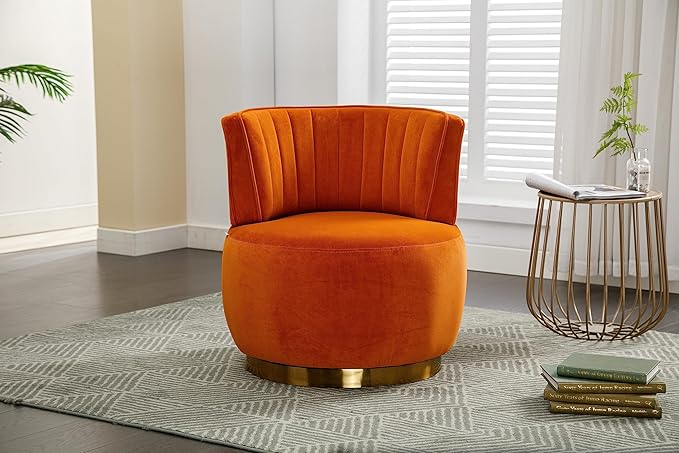 TTK Swivel Barrel Chairs for Living Room Set of 2 360 Degree Comfy Modern Round Chair Velvet Gold Accent Upholstered Armchair Arm Chair Sherpa for Bedroom Club Office Nursery Silla para Sala(Orange)