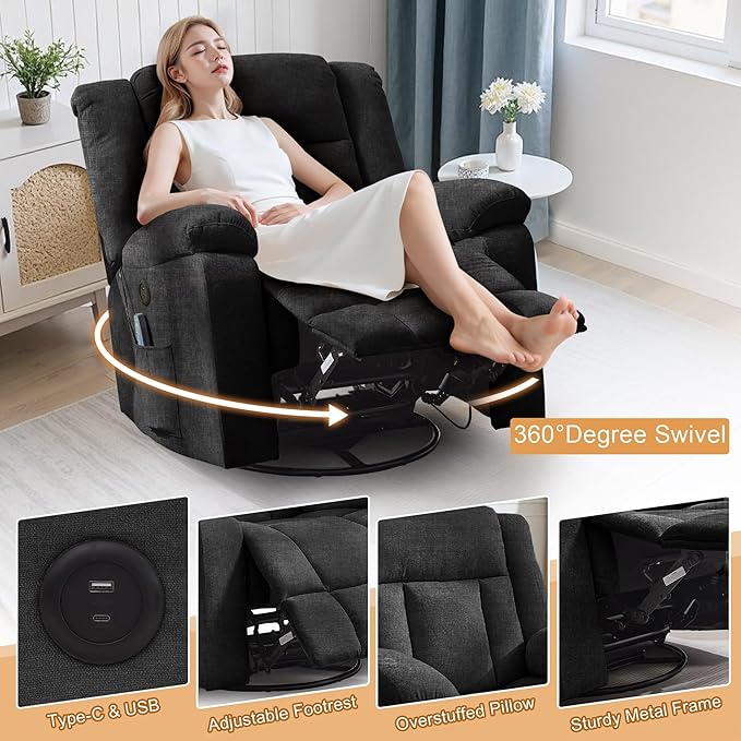 Rocker Recliner Glider Recliner Chairs for Adults 360° Swivel Rocking Chair with Massage and Heating Nursery Chair with Storage and USB Charging for Living Room Bedroom Nursery