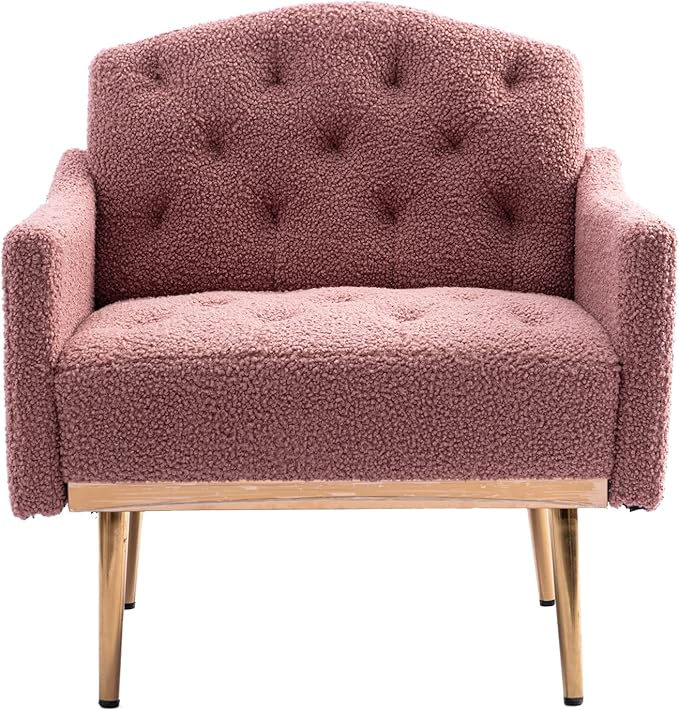 Modern Teddy Fabric Accent ChairUpholstered Button-Tufted Single SofaComfy Armchair Chair with Rose Golden Legsfor Living Room Bedroom Home Office (Brush Pink)
