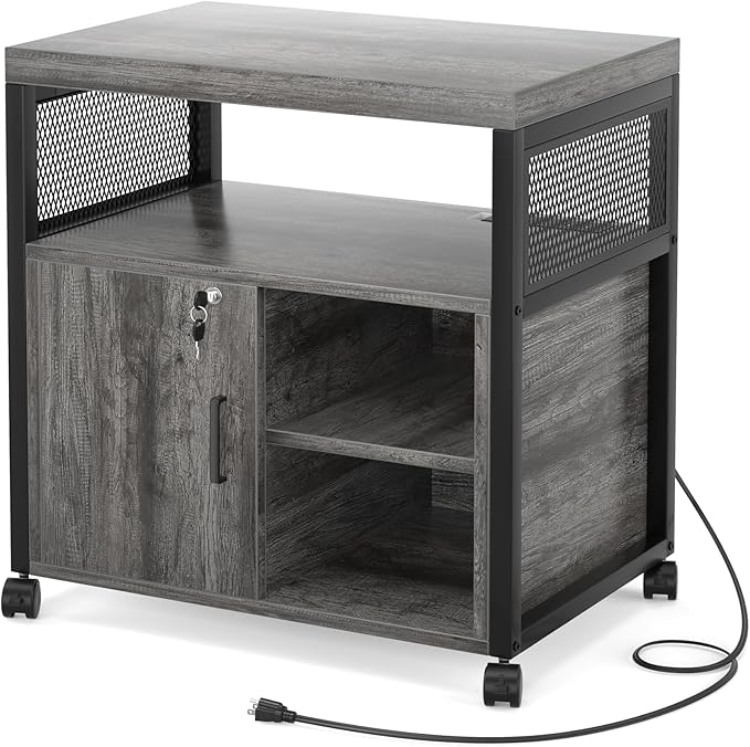 Unikito Rolling File Cabinet Lateral Office Filing Cabinets with Socket and USB Charging Port Modern Printer Stand on Wheels Printer Cabinet with Door and Open Storage Lockable Black Oak