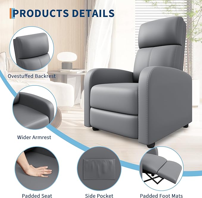 Recliner Chair Lazy Recliner Sofa for Adults Adjustable PU Leather Single Chair with Tall Back Wide Arms &amp Side Pocket Padded Home Theate Living Room Seating