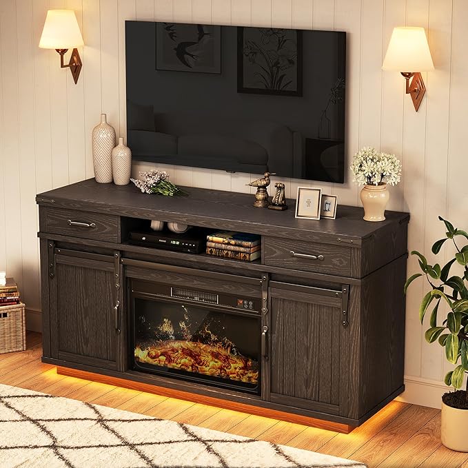 Fireplace TV Stand for TVs up to 65 Electric Fireplace with 3D Flame Farmhouse LED Light Entertainment Center TV Console with with 2 Drawers Sliding Barn Door for Living Room - Black