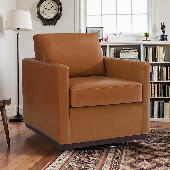 Pia Ricco Single Swivel Barrel Chair Modern Accent Armchair in Easy-Clean PU Leather Mid-Century Style for Living Room or Home Office Brown