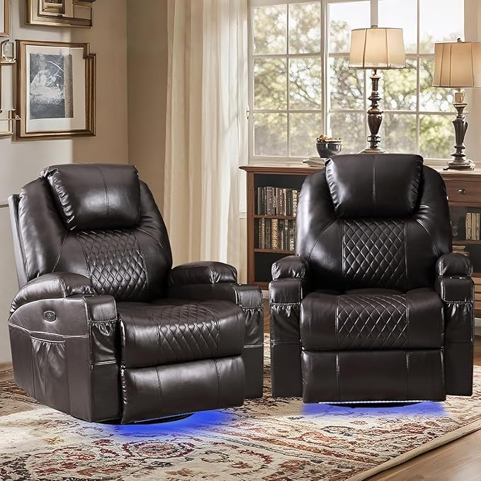 Power Swivel Rocker Recliner Chair with Vibration Massage 270° Swivel &amp LED Lights Electric Glider Reclining Sofa USB A/C Ports &amp Storage Pocket for Living Room (1 Brown)