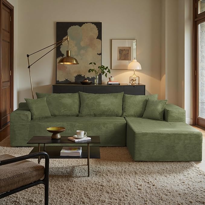 103 L Shaped Sectional Boneless Couch for Living Room Modern Modular Cloud Sofa with Right Facing Chaise Comfy Deep Seat Memory Foam Couch in Box No Assembly (1CM Wide Striped Corduroy Green)
