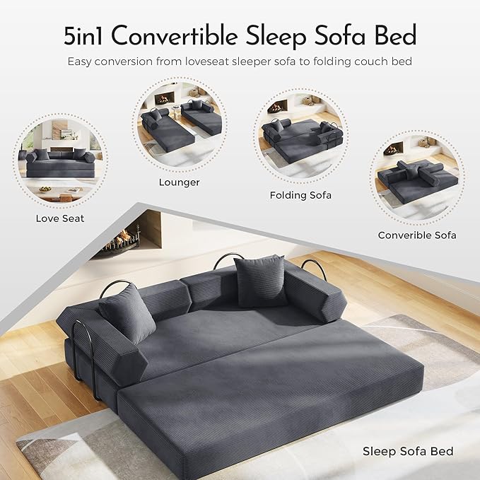 79'' Sofa Bed Corduroy Sleeper Sofa Bed with Fixed Frame Floor Sofa Lounge with Pillow Pull Out Couch for No Assembly Space Living Room Bedroom Lounge Studio (Dark Grey1)