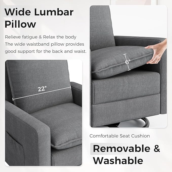 Rocker Recliner 360 Swivel Recliner Chair for Adults Fabric Chair with High Back Adjustable Push Back Overstuffed High-Density Sponge Reclining for Living Room Home Theater Nursery Bedroom