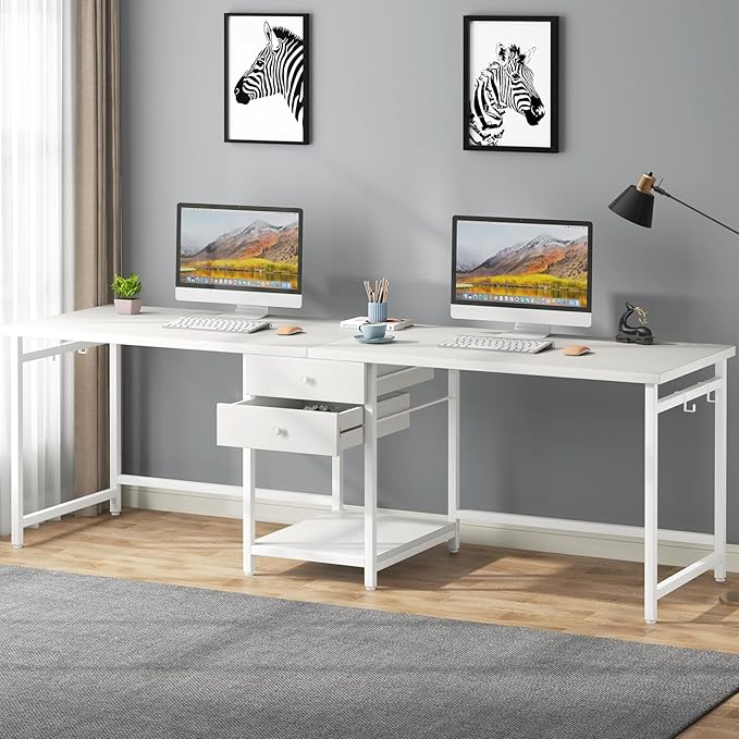 Tribesigns 79 Inch Extra Long Double Desk with 2 Drawers Two Person Computer Desk with Storage Shelves Writing Table Study Desk for Home Office White