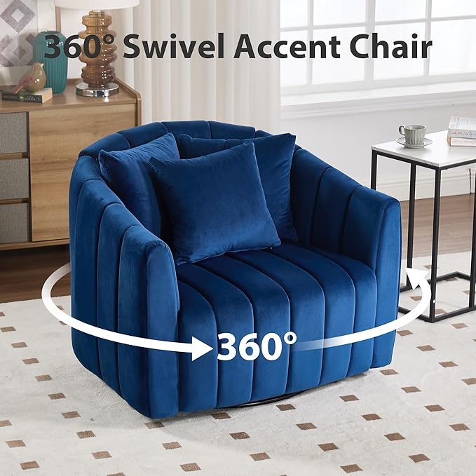 Chifee &amp Vingol 40.16 W Swivel Accent Barrel Chair Velvet Round Barrel Chair with 3 Pillows 360 Degree Swivel Armchair for Living Room Bedroom Navy