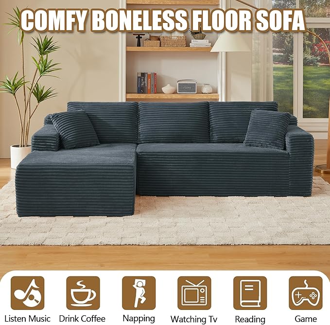 Cloud Sectional Couch Modern Modular Sectional Sofa with Deep Seat Corduroy Boneless Couches with L-Shape Chaise for Living Room Bedroom No Assembly Required (Dark Grey Left Facing Chaise Sofa)