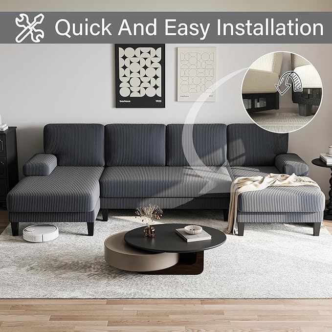 112'' Corduroy U Shaped Couch with Sleeper Lounge Chaise 4 Seat Modern Comfy Sectional Sofa Couches for Living Room Spacious Space Apartment Office (112'' Corduroy Gray)