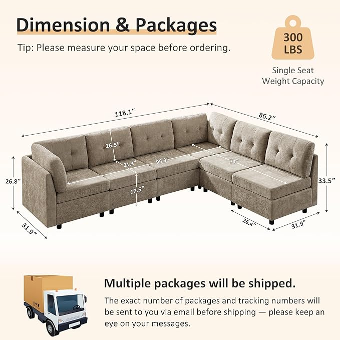 VANOMi 6 Seater Modular Cloud Sofa 118 Convertible Sectional Cloud Sofas &amp Couches for Living Room Comfy Chenille Sectional Couch Sofa for Living Room Apartment Office Camel L/U Shaped