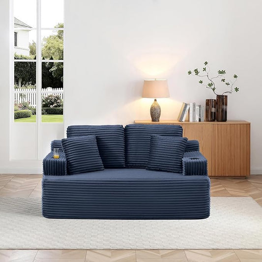 Floor Loveseat Boneless Sofa Couch in a Box with Cup Holder and Side Pockets Corduroy Upholstered 2 Seater Cloud Foam Sofa with Deep Seating for Living Room No Assembly | Breathable material Cuphol
