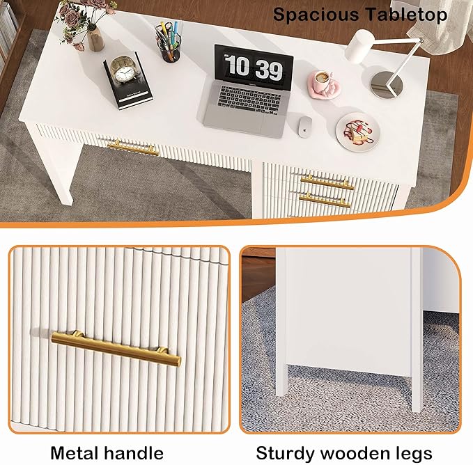 White Executive Desk with Drawers: Wood Computer Desk with File Drawer Modern Home Office Desks with Storage Fluted Writing Desks for Working Studying (White 54)