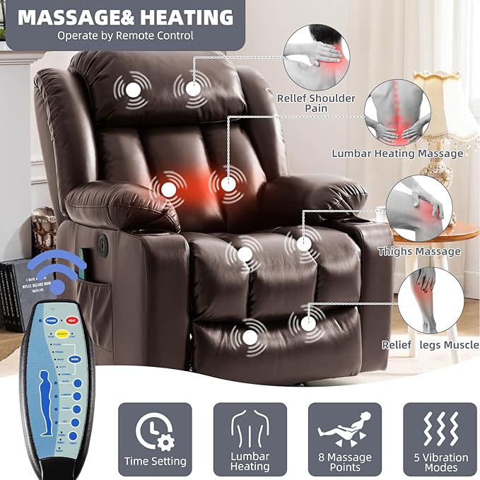 Power Lift Recliner Chair for Elderly Electric Recliner Chairs for Adults with Massage and Heat Cup Holders Remote Control Side Pockets USB Ports Leather (Brown)