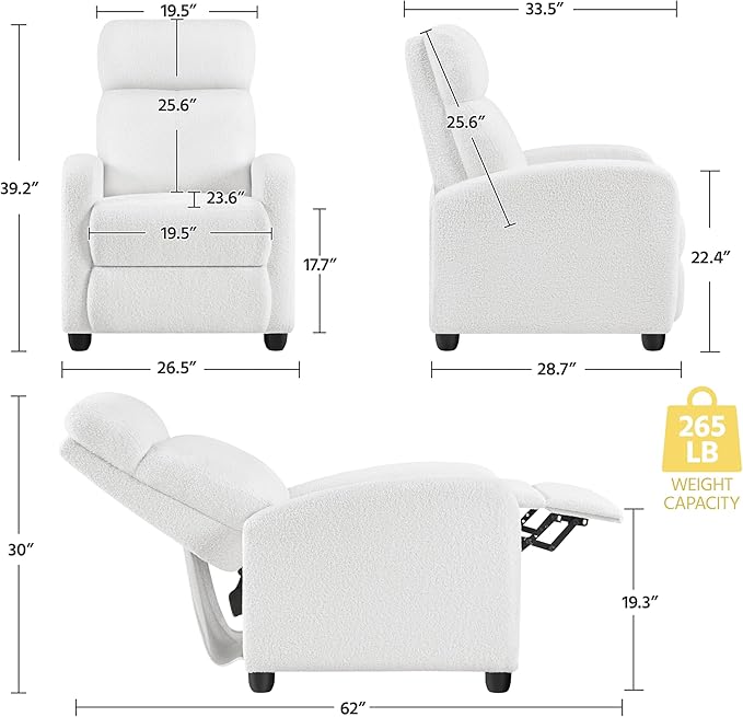 Yaheetech 2-Seat Boucle Pushback Recliner Chair Living Room Chair with Thick Seat Cushion and Backrest Reclining Chair for Living Room White