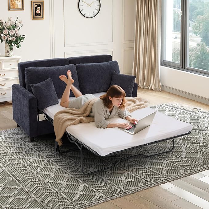 Antetek 72-inch Pull Out Sofa Bed with Mattress Convertible 2-in-1 Folding Full Size Chenille Futon Comfy Loveseat Sleeper Sofa Couch Bed with Square Arms for Guest Room Living Room Bedroom Grey