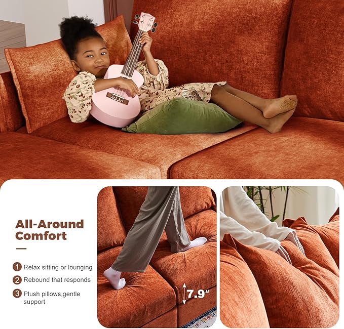 ABCASA L-Shaped 4-Seater Modular Sectional Sofa with Movable Storage Ottoman Comfy Cloud Couch Set in Terracotta Orange Chenille for Living Room