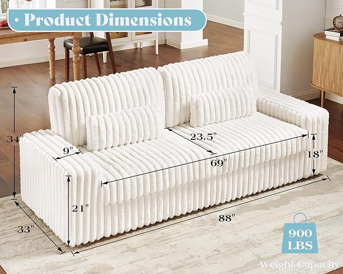 VanAcc 88 Inch Oversized Sofa Modern Couch with Lumbar Pillows and Armrests 3 Seater Couch- Cloud Sofas for Living Room Beige
