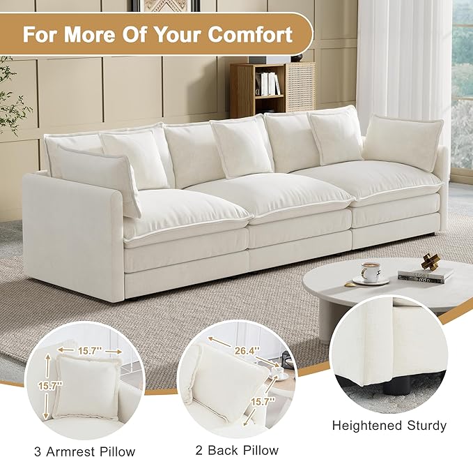 Modular Sectional Sofa 111.5 Inch I-Shaped Cloud Sofa with Deep Seat Chenille Sofa with Cushions Three-Self Sectional Sofa for Living Room ApartmentWhite
