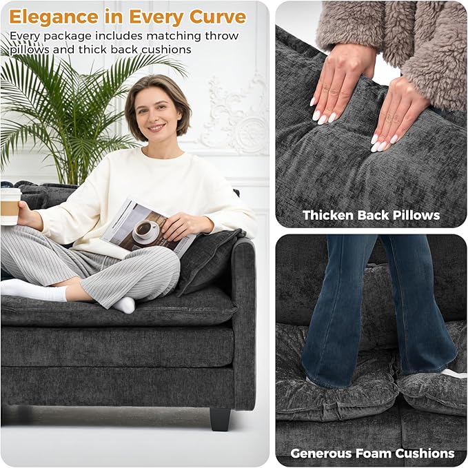 Redlife 42.5 Single Sofa Chair Chenille Upholstered Accent Chair with Spring &amp Double Foam Cushion System Removable Covers Easy to Assembly Black
