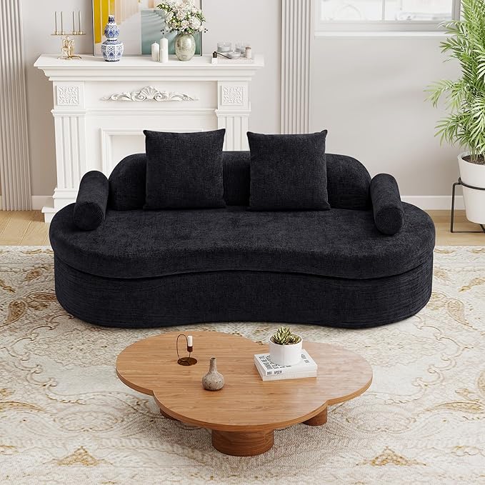 AVZEAR 78 Curved Loveseat Sofa Chenille Upholstered 2 Seater Couch for Living Room No Assembly Modern Love Seat Cloud Sofa with 2 Bolster Pillows &amp 2 Square Pillows High-Density Foam Black