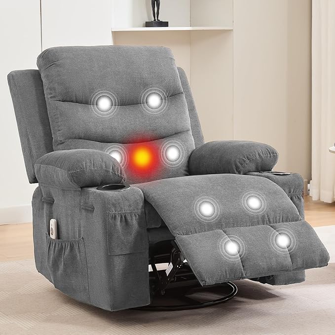IDEALHOUSE Rocker Recliner Chair with Massage and Heat Swivel Reclining Sofa with Cup Holder Side Pockets Front Pockets Rocking Chair for Living Room Bedroom Nursery (Grey Linen)