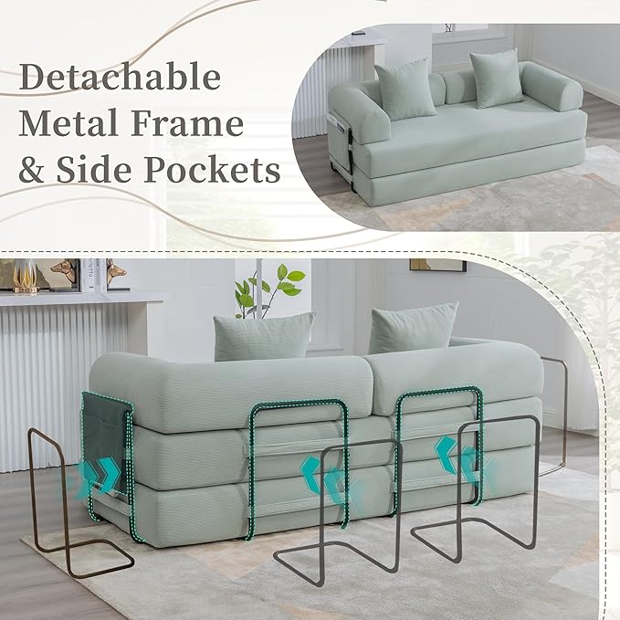 Convertible Sleeper Sofa Bed 78.5 Folding Floor Sofa Mattress Couch with Pillows Corduroy Futon Boneless Couch Lounge Loveseat with Pull Out Bed Mint Blue