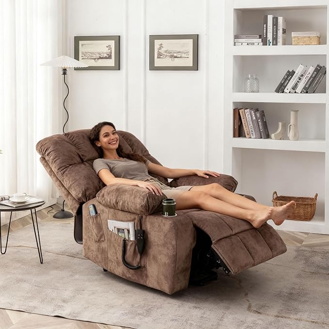 Oversized Power Lift Recliner Chair for Adult Elderly Dual Motor Lay Flat Electric Recliner with Massage &amp Heat 25.5 Wide Seat Big Tall Recliners for Living Room Velvet Brown