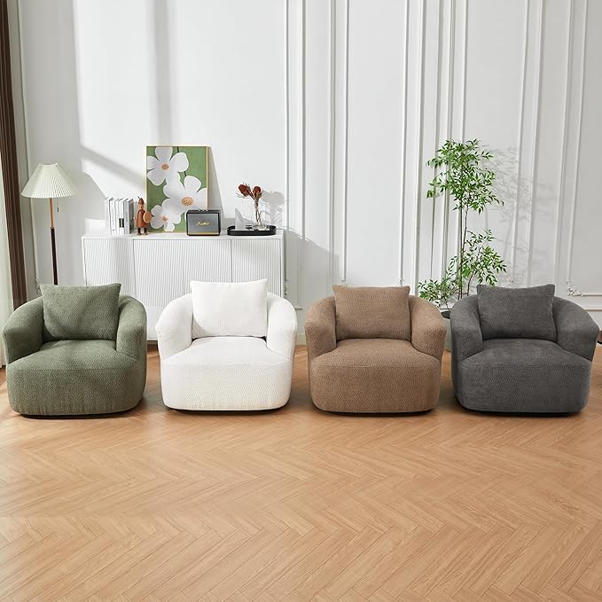 Merax Modern 360° Chenille Swivel Barrel Chair with A Throw Pillow &amp Armrest Upholstered Cozy Single Round Sofa with Deep Seating for Living Room BedroomOffice Hotel Easy Assemble Grey