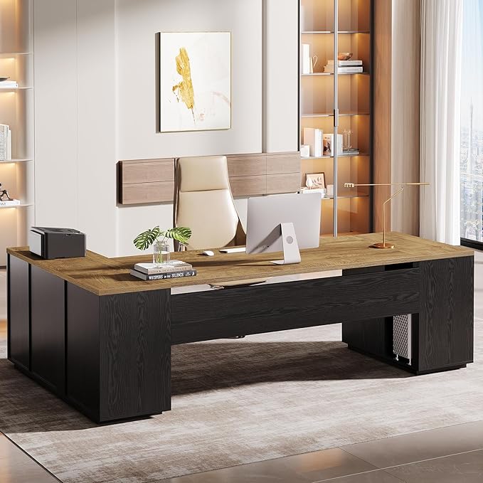 Tribesigns 85.8-Inch L-Shaped Executive Desk Extra Large Modern Office Desk with File Drawers Door Cabinet &amp Shelves Commercial Office Table Home Business Workstation Light Brown &amp Black