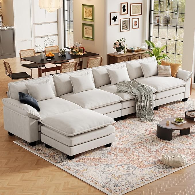 CDCASA 154 Modular Sectional Sofa Comfy L-Shaped Cloud Couch with Movable Ottoman Oversized 5-Seater Velvet Deep Seat Sofa Couch for Living Room DIY Combination Beige