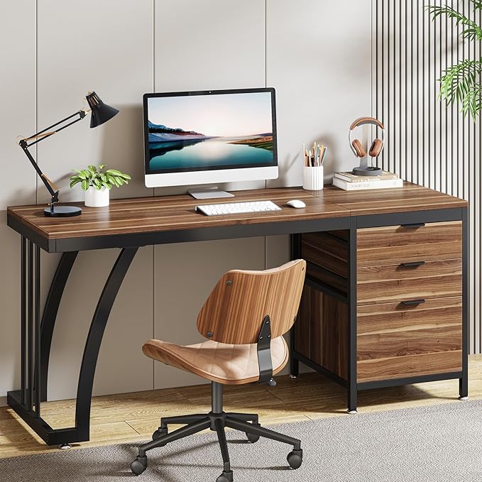Tribesigns 59 Inch Computer Desk with 3 Drawers Industrial PC Desk Study Writing Table Workstation with File Storage Home Office Desks with Large Desktop and Metal Frame (Walnut)