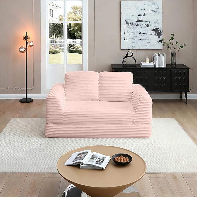 63 Corduroy Convertible Boneless Couch with Pull-Out Bed 2 in-1 Folding Convertible Sofa Bed with Pillows Loveseat Floor Sofa Couches for Living Room No Assembly Required (Pink) | Breathable Mater
