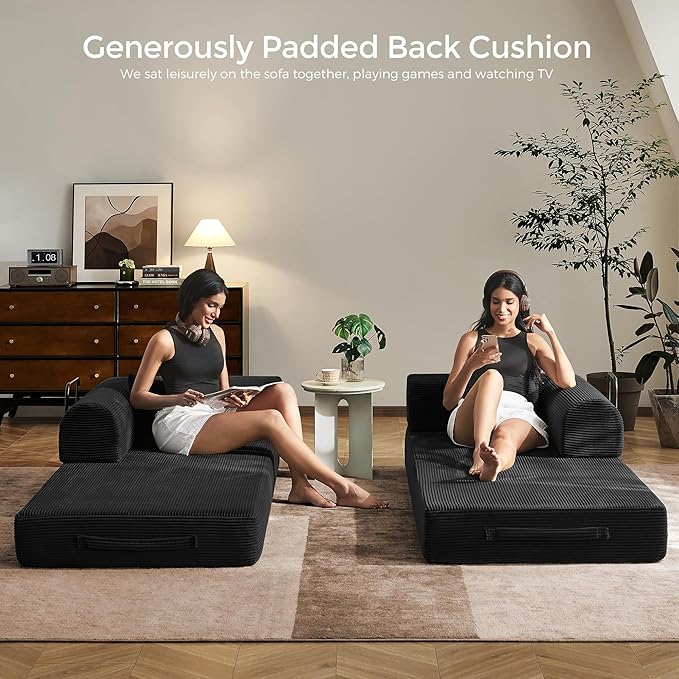 79 Convertible Sofa Bed with Fixed-Shape Frame &amp Removable Armrests Modular Corduroy Sleeper Sofa Folding Mattress Couch for Small Spaces - No Assembly Needed in Black (Includes 2 Pillows)