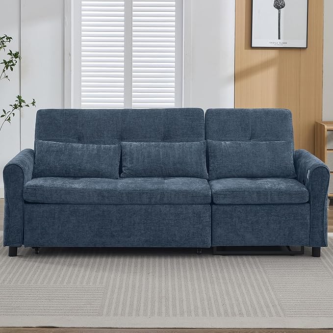 Merax 2-in-1 Convertible Sofa Bed &amp Recliner Sofa 82 3-Seater Sofa Pull-Out Sleeper Sofa 3 Level Adjustable Backrest Reversible Left/Right with USB Charging Ports Easy to Assemble (Blue)