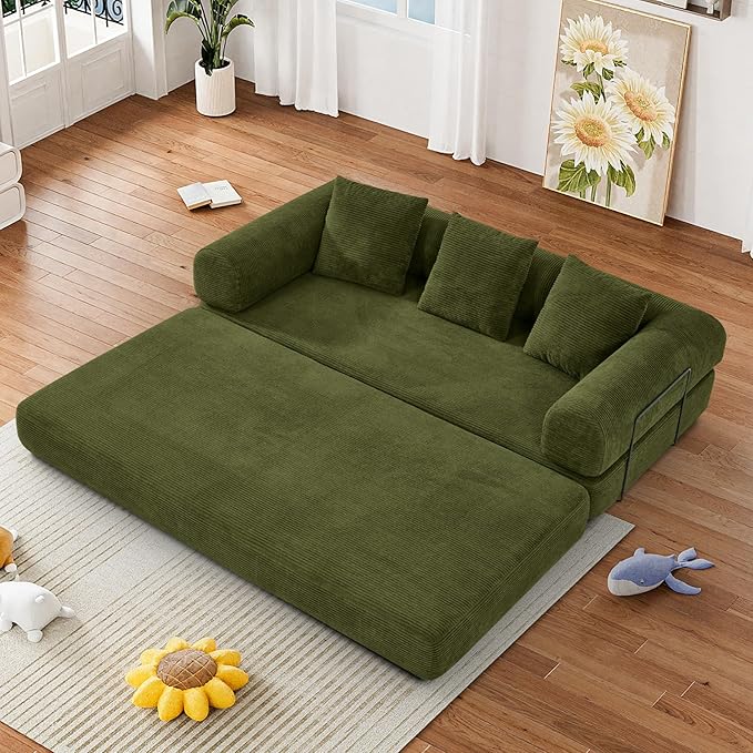 Convertible Sofa Bed Corduroy Memory Foam Compression Sofa Modular Floor Sofa with Pull-Out Bed Compressed Couch in Box Folding Sleeper Couches Bed for Living Room Bedroom Lounge Olive Green