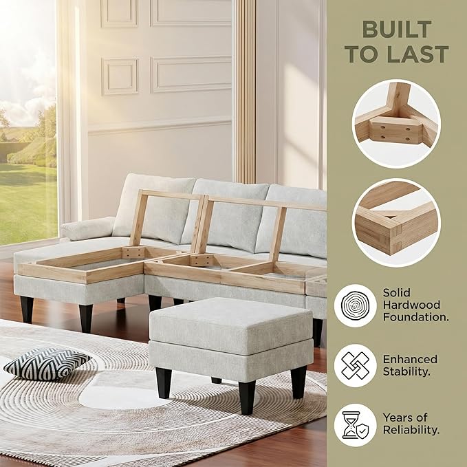 4-Seat U-Shaped Modular Sofa with Double Storage Ottoman - Space-Saving Convertible Lounge Couch for Home &amp Office White