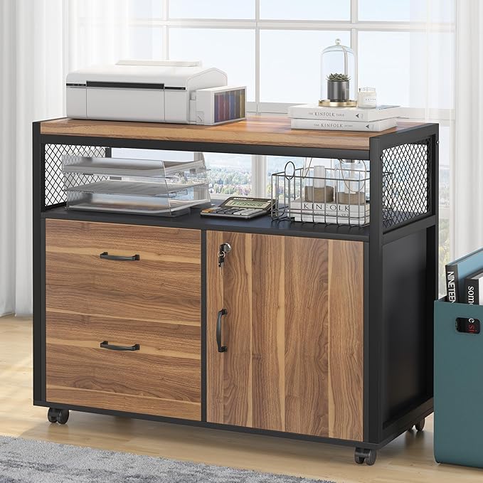Tribesigns 55-inch L Shaped Desk with Drawer Cabinet Executive Computer Desk and lateral File Cabinet 2 Piece Home Office Furniture with Drawers for Hanging File Doors with Locks (Brown 55 inches)