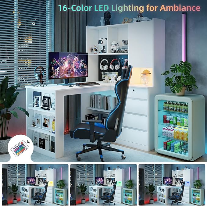 L Shaped Desk with Hutch and 4 Drawers Computer Desk with USB Ports Power Outlets &amp LED Light Wood Corner Computer Desks with Storage Shelves for Home Office White Left Long