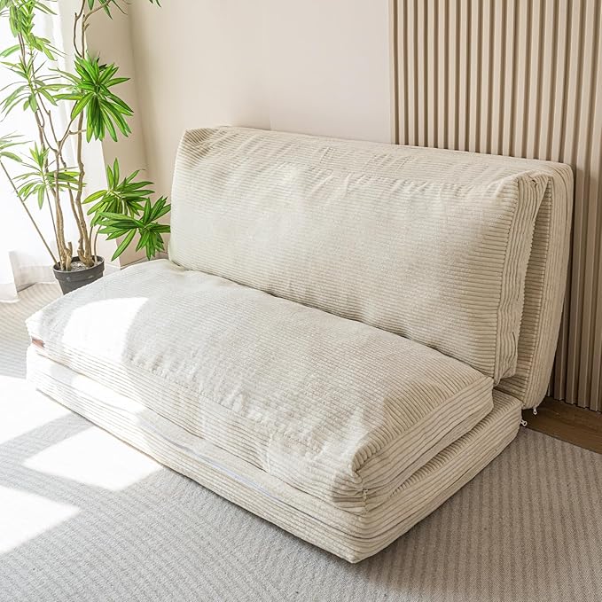 MAXYOYO Folding Sofa Bed Extra Thick and Long Floor Sofa Convertible Sleeper Chair with Washable Cover Floor Couch Lounge Bean Bag Bed for Living Room Beige 30x95 Inch