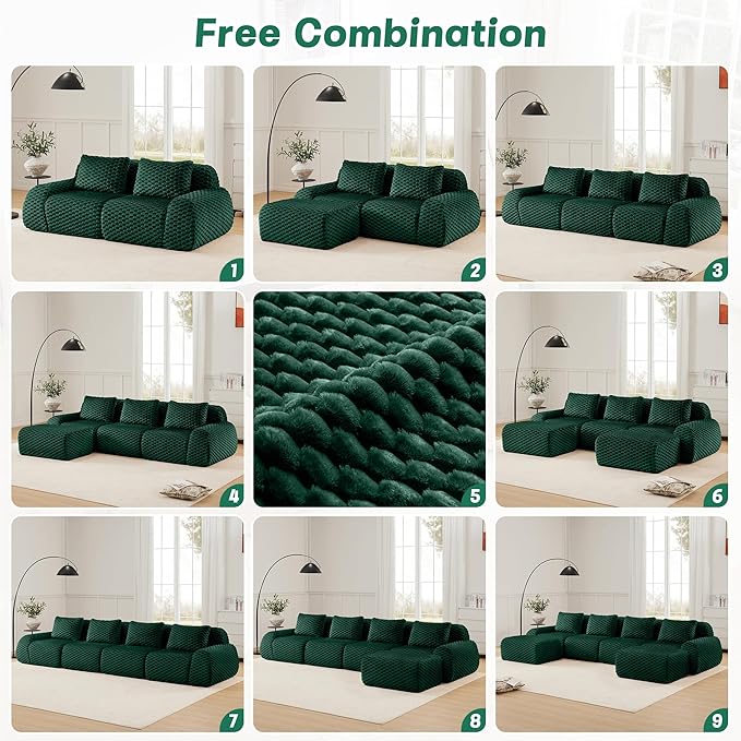 146 Boneless Couches for Living Room Oversized U-Shaped Couch with Buckle Connection Anti-Slip Design Flannelette Fabric Modular Sectional Sofa with Deep Seat (Green 4 Seat + 2 Ottoman)