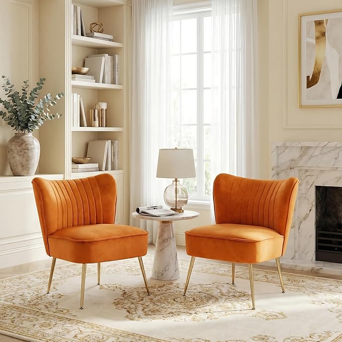 DUOMAY Modern Accent Chair Set of 2 Velvet Slipper Chair with Gold Legs Wingback Side Chair for Living Room Bedroom Entryway Small Corner Chair for Space Saving Orange