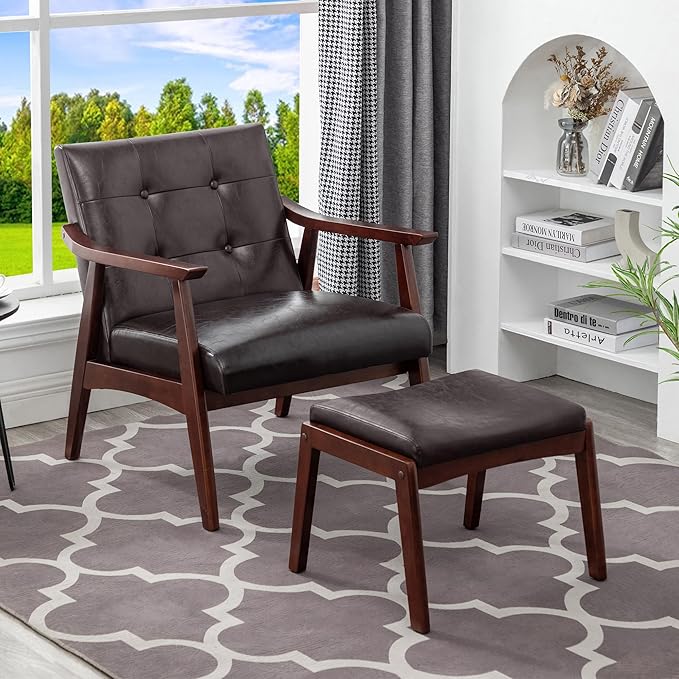 Convenience Concepts Take a Seat Natalie Accent Armchair and Ottoman Set 27.5 - Mid-Century Modern Lounge Chair with Foot Stool Set for Living Room Bedroom Espresso Faux Leather