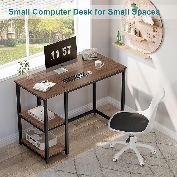 SINPAID Computer Desk 47 inches with 2-Tier Shelves Sturdy Home Office Desks with Large Storage Space Modern Gaming Desk Study Writing Laptop Table Brown
