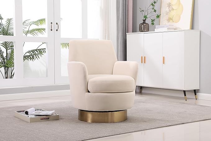 Velvet Swivel Barrel Chair Armchair for Living Room Reading Chairs for Bedroom Comfy Round Barrel Chairs with Gold Stainless Steel Base for Living Room Bedroom Reading Room (Beige)