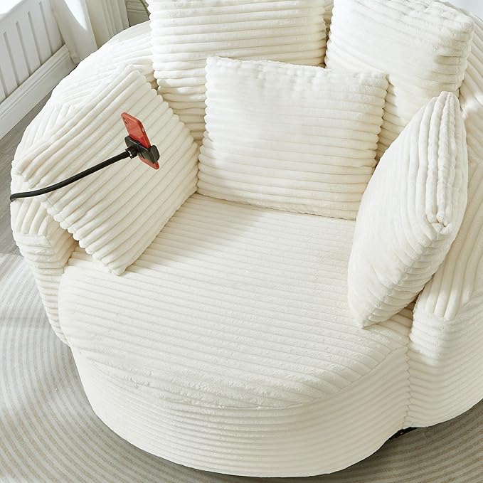 360° Swivel Accent Chair with 5 Throw Pillows Adjustable Phone Holder Corduroy Fabric Round Sofa Chair Barrel Chair with Semi-Wraparound Design for Living Room Office and Hotel (Beige1)