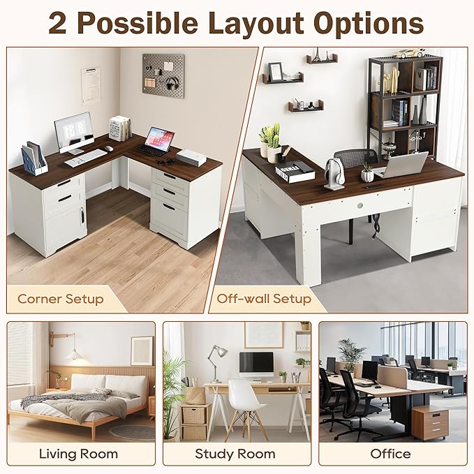 60 L Shaped Executive Desk with Drawers Farmhouse Home Office Desk with Charging Station Wood Computer Corner Desk with File Storage Cabinet for Home Office Work and Study (White)