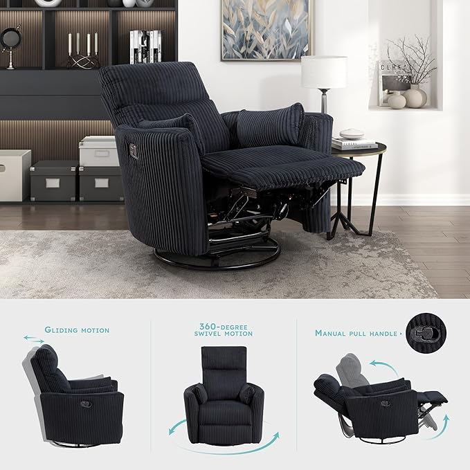 Lexicon Modern Swivel Glider Recliner Chair Nursery Glider Corduroy Fabric Upholstery Recliner with 2 Lumbar Pillows Manual Reclining Sofa Chair for Living Room/Office/Apartment Black