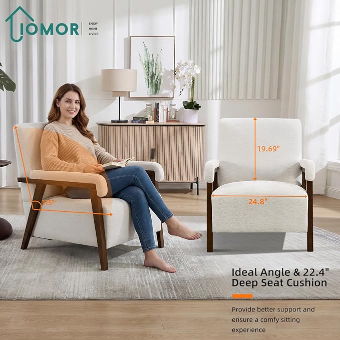 Mid Century Modern Accent Chair Upholstered Armchair with Thick Seat Cushion and Solid Wood Frame Thick and Comfy Innerspring Seat Cushion Short Plush Fabric Arm Chair for Living Room(1White)